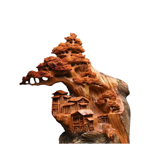 木彫り 迎客松 山水風景 置物 飾り物(高さ44cm×幅26cm×奥行17cm)