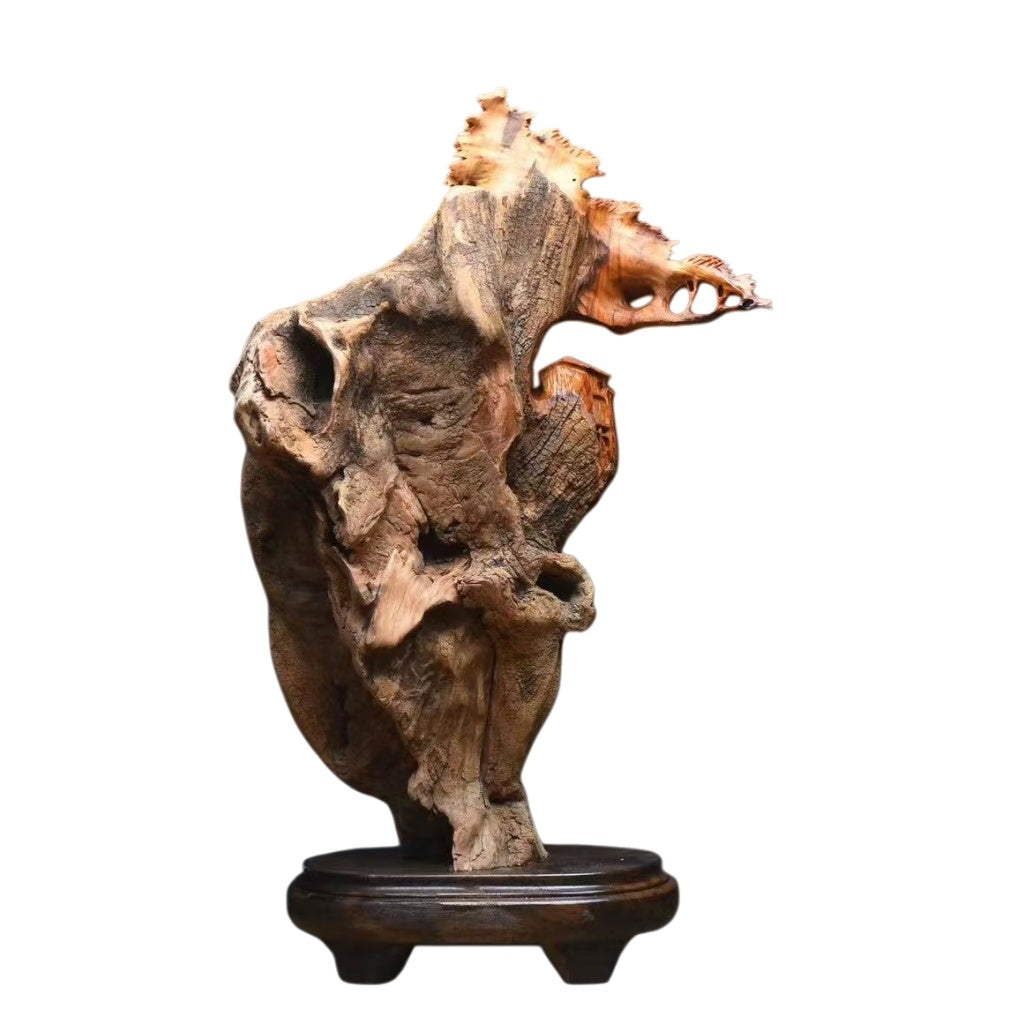 木彫り 迎客松 山水風景 置物 飾り物(高さ44cm×幅26cm×奥行17cm)