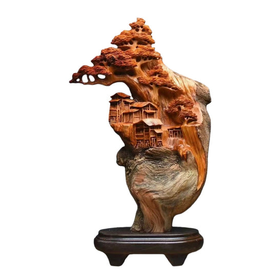 木彫り 迎客松 山水風景 置物 飾り物（高さ44cm×幅26cm×奥行17cm）