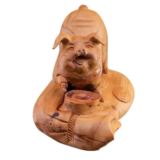 木彫り 豚 縁起物 置物 飾り物（長さ21cm×幅15cm×高さ18cm）