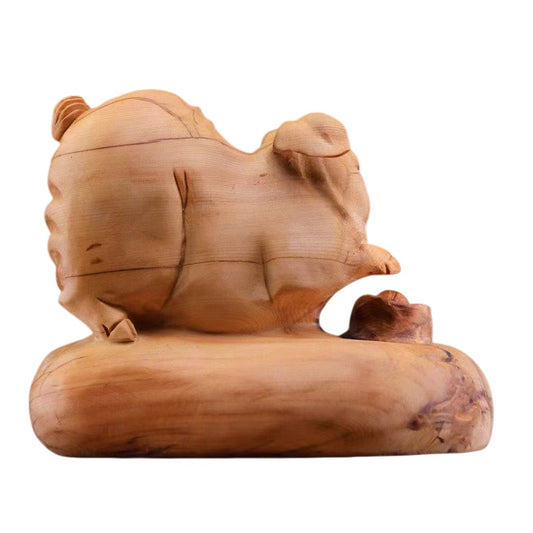 木彫り 豚 縁起物 置物 飾り物（長さ21cm×幅15cm×高さ18cm）